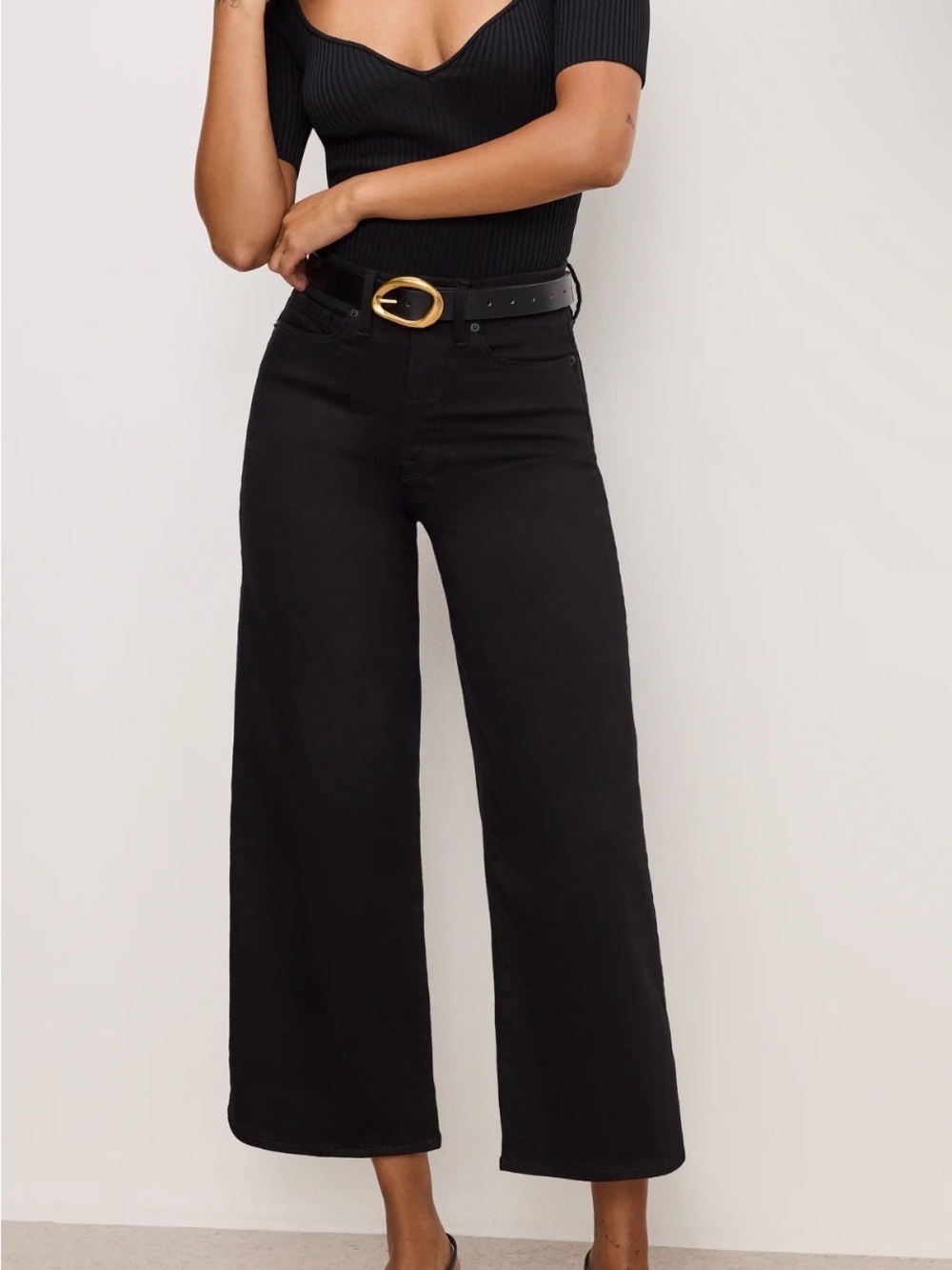 Good American Palazzo Black Cropped Wide-Leg Jeans